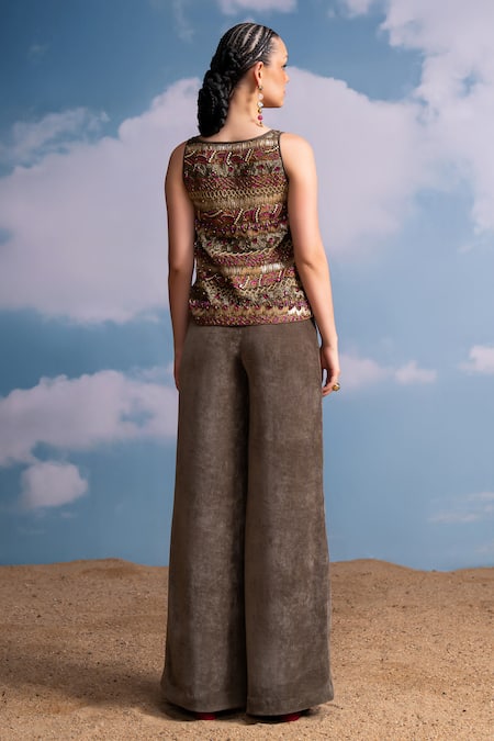Shop Nikita Mhaisalkar Olive Green Corduroy Wide Leg Pants at Aza Fashions Shop_Nikita Mhaisalkar_Olive Green Corduroy Wide Leg Pants _at_Aza_Fashions