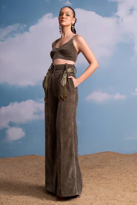 Nikita Mhaisalkar Olive Green Corduroy Scoop Neck Bralette Online at Aza Fashions Nikita Mhaisalkar_Olive Green Corduroy Scoop Neck Bralette _Online_at_Aza_Fashions