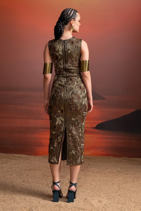 Shop Nikita Mhaisalkar Olive Green Hemp, Denim Crew Neck Baroque Embroidered Sheath Dress at Aza Fashions Shop_Nikita Mhaisalkar_Olive Green Hemp, Denim Crew Neck Baroque Embroidered Sheath Dress _at_Aza_Fashions