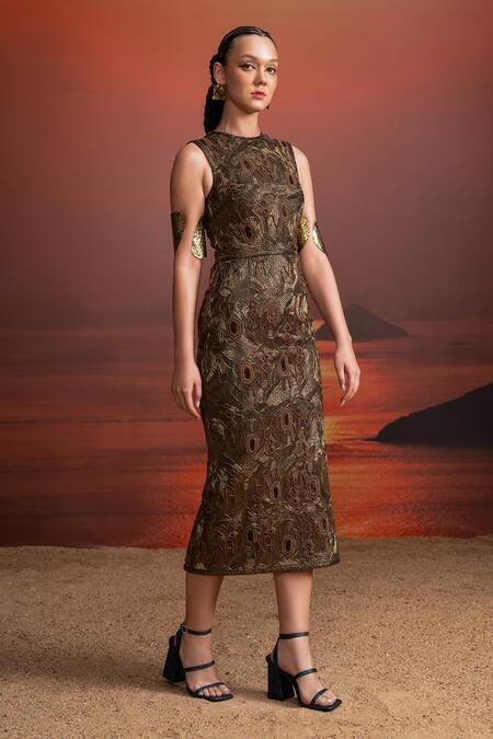 Buy Nikita Mhaisalkar Olive Green Hemp, Denim Crew Neck Baroque Embroidered Sheath Dress Online at Aza Fashions Buy_Nikita Mhaisalkar_Olive Green Hemp, Denim Crew Neck Baroque Embroidered Sheath Dress _Online_at_Aza_Fashions