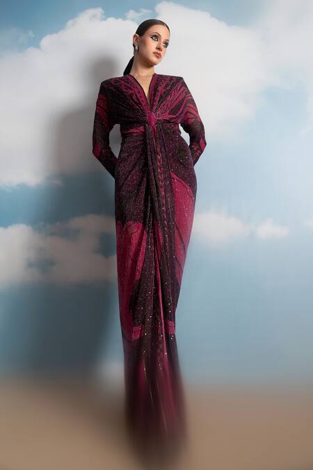 Nikita Mhaisalkar Fuchsia Viscose, Georgette Sequins V-neck Swirl Printed Draped Maxi Dress Online at Aza Fashions Nikita Mhaisalkar_Fuchsia Viscose, Georgette Sequins V-neck Swirl Printed Draped Maxi Dress _Online_at_Aza_Fashions