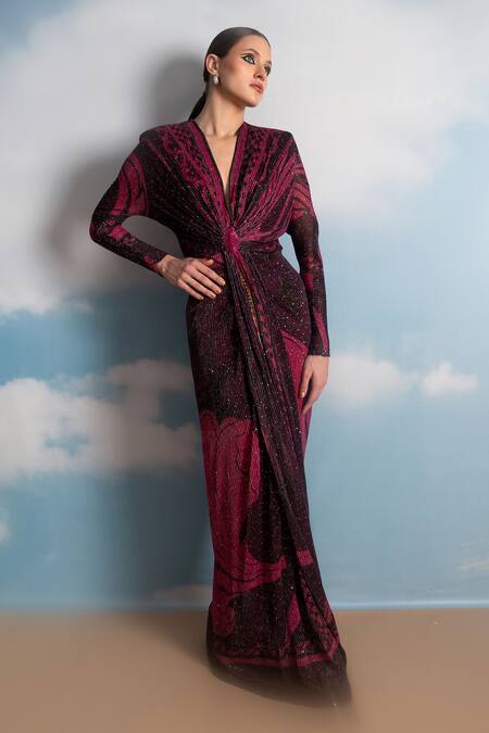 Shop Nikita Mhaisalkar Fuchsia Viscose, Georgette Sequins V-neck Swirl Printed Draped Maxi Dress Online at Aza Fashions Shop_Nikita Mhaisalkar_Fuchsia Viscose, Georgette Sequins V-neck Swirl Printed Draped Maxi Dress _Online_at_Aza_Fashions