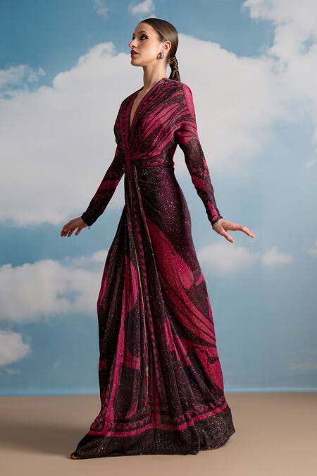 Nikita Mhaisalkar Fuchsia Viscose, Georgette Sequins V-neck Swirl Printed Draped Maxi Dress at Aza Fashions Nikita Mhaisalkar_Fuchsia Viscose, Georgette Sequins V-neck Swirl Printed Draped Maxi Dress _at_Aza_Fashions