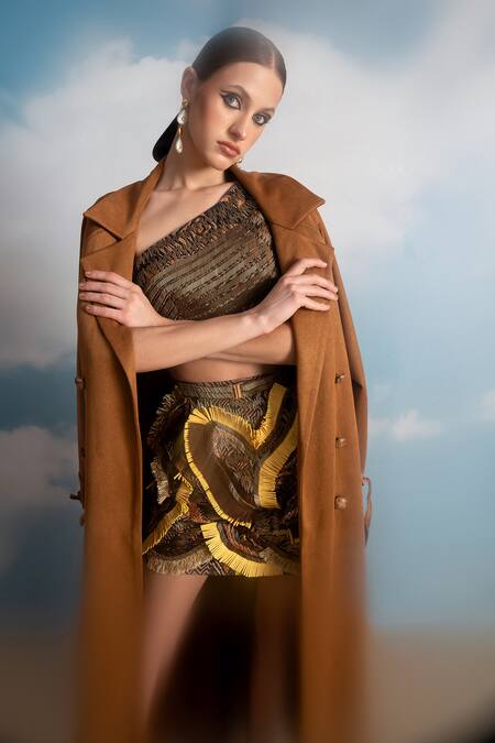 Shop Nikita Mhaisalkar Brown Suede Trench Jacket at Aza Fashions Shop_Nikita Mhaisalkar_Brown Suede Trench Jacket _at_Aza_Fashions