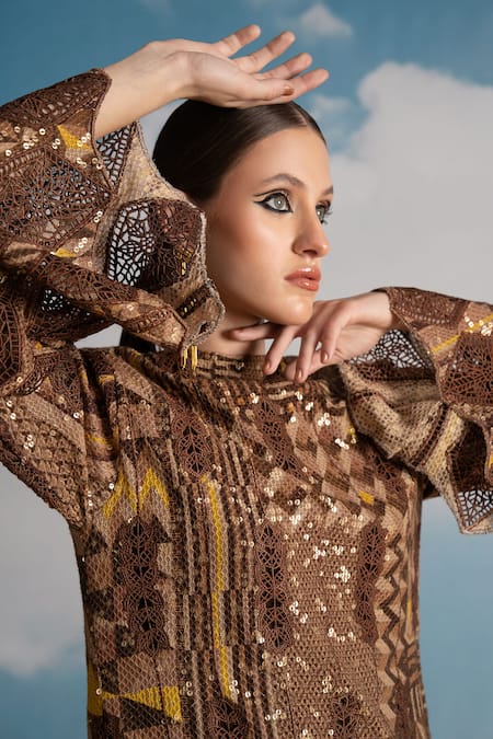 Buy_Nikita Mhaisalkar_Brown Georgette Sequins Round Neck Cutwork Embroidered Dress _Online_at_Aza_Fashions