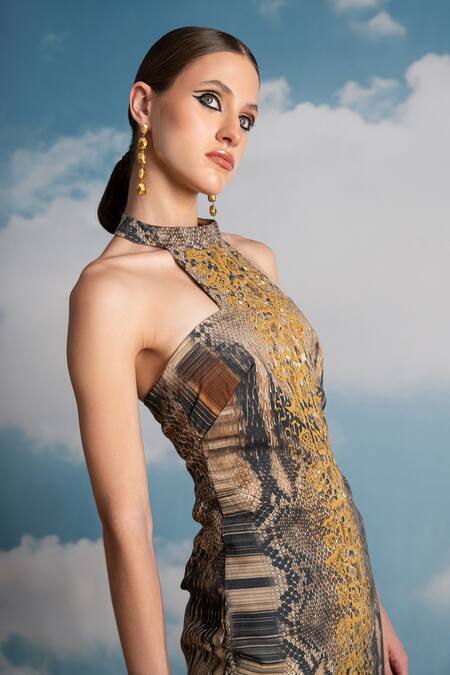 Buy Nikita Mhaisalkar Multi Color Hemp Embroidery Halter Neck Python Print Dress Online at Aza Fashions Buy_Nikita Mhaisalkar_Multi Color Hemp Embroidery Halter Neck Python Print Dress _Online_at_Aza_Fashions