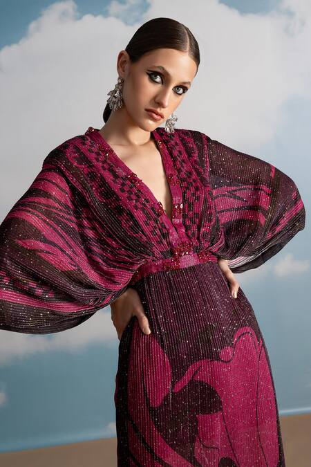 Nikita Mhaisalkar_Fuchsia Georgette Beads V-neck Swirl Printed Kaftan _Online_at_Aza_Fashions