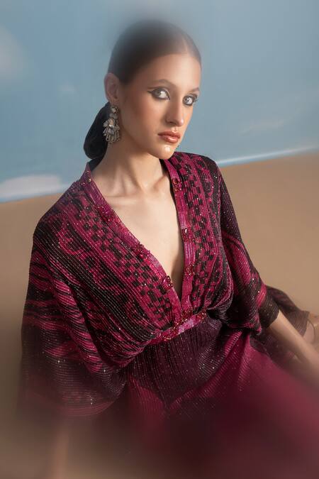 Buy_Nikita Mhaisalkar_Fuchsia Georgette Beads V-neck Swirl Printed Kaftan _Online_at_Aza_Fashions