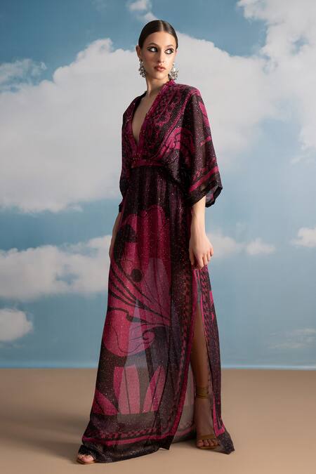 Shop_Nikita Mhaisalkar_Fuchsia Georgette Beads V-neck Swirl Printed Kaftan _Online_at_Aza_Fashions