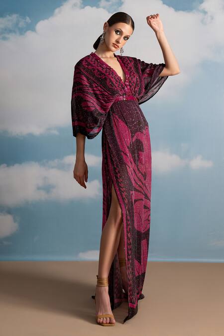 Nikita Mhaisalkar_Fuchsia Georgette Beads V-neck Swirl Printed Kaftan _at_Aza_Fashions