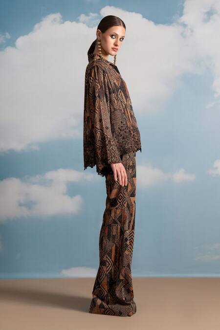 Nikita Mhaisalkar Brown Georgette Sequins, Cut Work Round Neck Geometric Print Pant Set Online at Aza Fashions Nikita Mhaisalkar_Brown Georgette Sequins, Cut Work Round Neck Geometric Print Pant Set _Online_at_Aza_Fashions