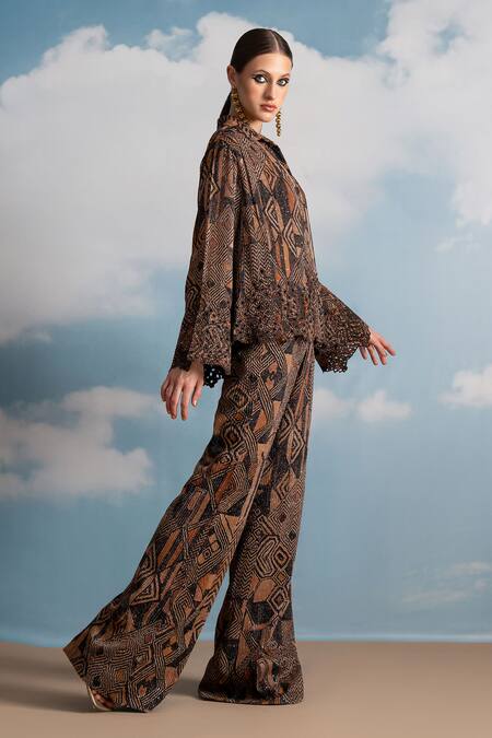 Buy Nikita Mhaisalkar Brown Georgette Sequins, Cut Work Round Neck Geometric Print Pant Set Online at Aza Fashions Buy_Nikita Mhaisalkar_Brown Georgette Sequins, Cut Work Round Neck Geometric Print Pant Set _Online_at_Aza_Fashions