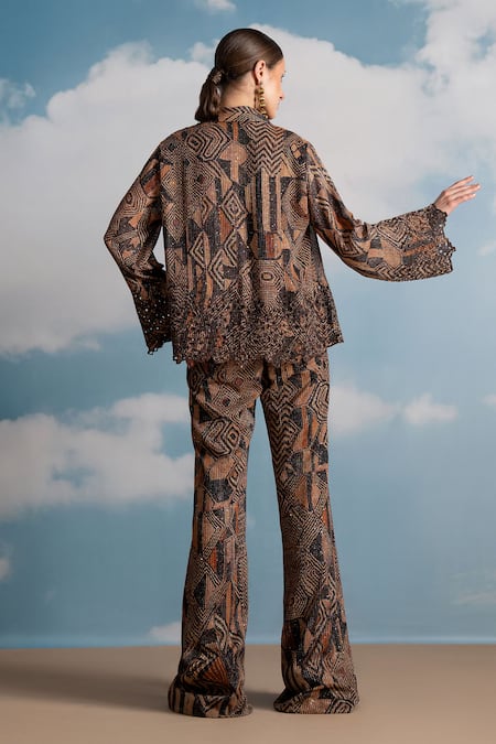 Shop Nikita Mhaisalkar Brown Georgette Sequins, Cut Work Round Neck Geometric Print Pant Set at Aza Fashions Shop_Nikita Mhaisalkar_Brown Georgette Sequins, Cut Work Round Neck Geometric Print Pant Set _at_Aza_Fashions