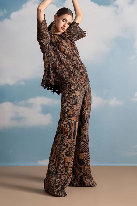 Shop Nikita Mhaisalkar Brown Georgette Sequins, Cut Work Round Neck Geometric Print Pant Set Online at Aza Fashions Shop_Nikita Mhaisalkar_Brown Georgette Sequins, Cut Work Round Neck Geometric Print Pant Set _Online_at_Aza_Fashions