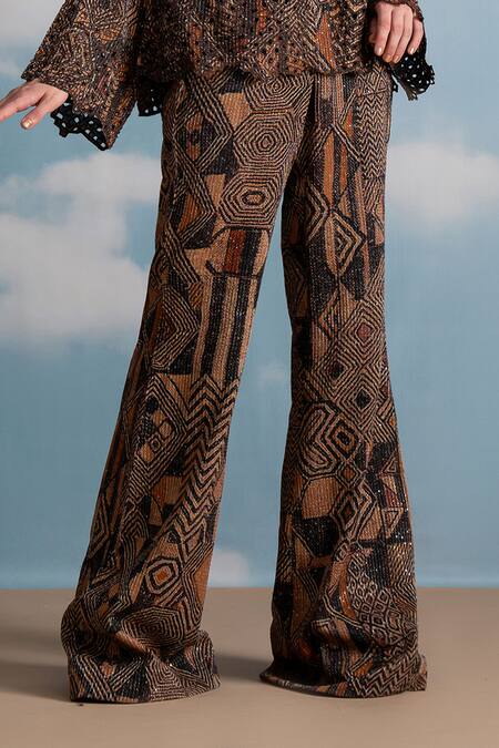 Nikita Mhaisalkar Brown Georgette Sequins, Cut Work Round Neck Geometric Print Pant Set at Aza Fashions Nikita Mhaisalkar_Brown Georgette Sequins, Cut Work Round Neck Geometric Print Pant Set _at_Aza_Fashions