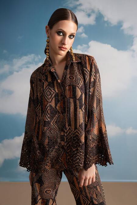 Buy Nikita Mhaisalkar Brown Georgette Sequins, Cut Work Round Neck Geometric Print Pant Set Buy_Nikita Mhaisalkar_Brown Georgette Sequins, Cut Work Round Neck Geometric Print Pant Set