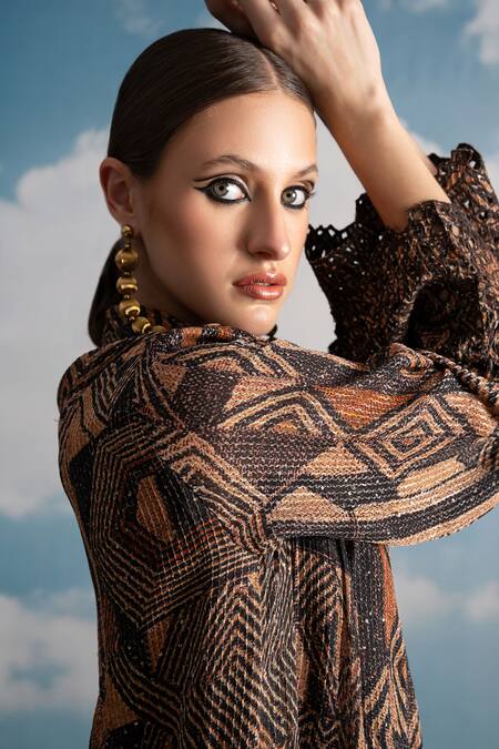 Shop Nikita Mhaisalkar Brown Georgette Sequins, Cut Work Round Neck Geometric Print Pant Set Shop_Nikita Mhaisalkar_Brown Georgette Sequins, Cut Work Round Neck Geometric Print Pant Set