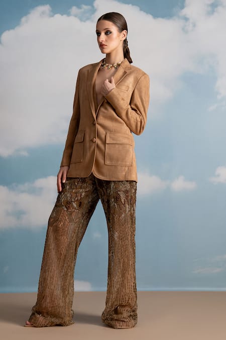 Shop Nikita Mhaisalkar Beige Suede Open Neck Jacket And Waistcoat Set at Aza Fashions Shop_Nikita Mhaisalkar_Beige Suede Open Neck Jacket And Waistcoat Set _at_Aza_Fashions