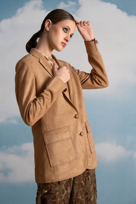 Nikita Mhaisalkar Beige Suede Open Neck Jacket And Waistcoat Set Online at Aza Fashions Nikita Mhaisalkar_Beige Suede Open Neck Jacket And Waistcoat Set _Online_at_Aza_Fashions