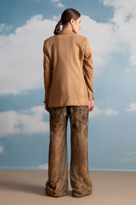 Shop Nikita Mhaisalkar Brown Tulle Embroidery Baroque Pants at Aza Fashions Shop_Nikita Mhaisalkar_Brown Tulle Embroidery Baroque Pants _at_Aza_Fashions