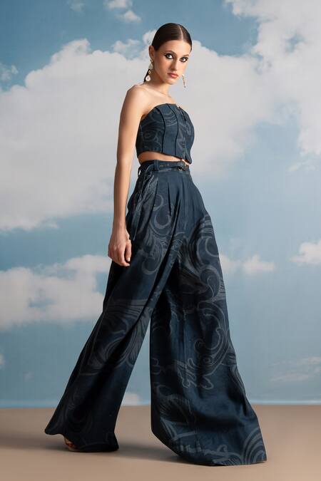 Nikita Mhaisalkar Blue Hemp, Denim Indigo Printed Wide Leg Pleated Pants Online at Aza Fashions Nikita Mhaisalkar_Blue Hemp, Denim Indigo Printed Wide Leg Pleated Pants _Online_at_Aza_Fashions