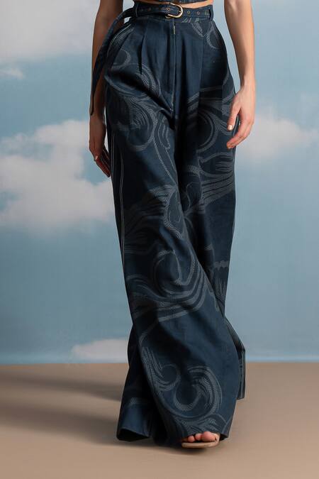 Buy Nikita Mhaisalkar Blue Hemp, Denim Indigo Printed Wide Leg Pleated Pants Online at Aza Fashions Buy_Nikita Mhaisalkar_Blue Hemp, Denim Indigo Printed Wide Leg Pleated Pants _Online_at_Aza_Fashions
