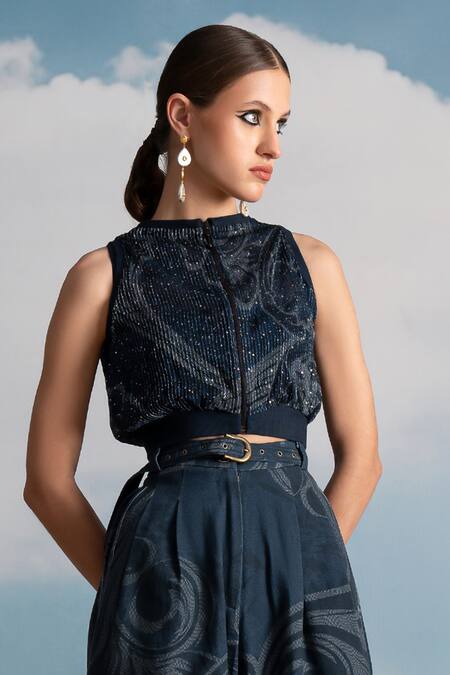 Shop Nikita Mhaisalkar Blue Hemp, Denim Indigo Printed Wide Leg Pleated Pants Online at Aza Fashions Shop_Nikita Mhaisalkar_Blue Hemp, Denim Indigo Printed Wide Leg Pleated Pants _Online_at_Aza_Fashions