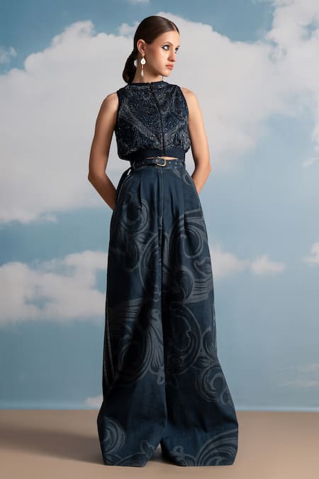 Nikita Mhaisalkar Indigo Printed Wide Leg Pleated Pants 