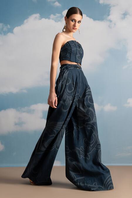 Nikita Mhaisalkar Blue Hemp Crew Neck Indigo Swirl Printed Corset Top Online at Aza Fashions Nikita Mhaisalkar_Blue Hemp Crew Neck Indigo Swirl Printed Corset Top _Online_at_Aza_Fashions