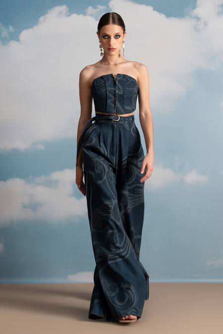 Buy Nikita Mhaisalkar Blue Hemp Crew Neck Indigo Swirl Printed Corset Top Online at Aza Fashions Buy_Nikita Mhaisalkar_Blue Hemp Crew Neck Indigo Swirl Printed Corset Top _Online_at_Aza_Fashions