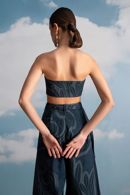 Shop Nikita Mhaisalkar Blue Hemp Crew Neck Indigo Swirl Printed Corset Top at Aza Fashions Shop_Nikita Mhaisalkar_Blue Hemp Crew Neck Indigo Swirl Printed Corset Top _at_Aza_Fashions