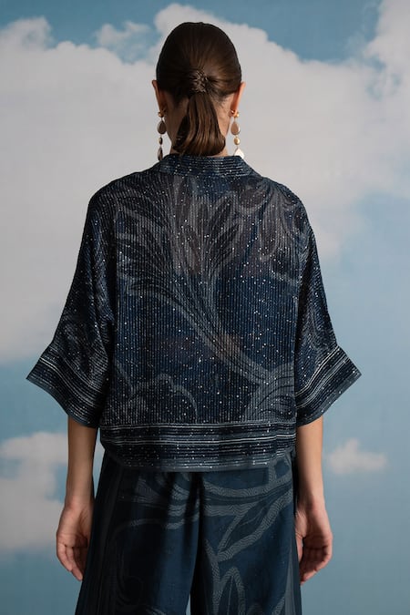 Shop Nikita Mhaisalkar Blue Georgette Sequins Collared Indigo Swirl Printed Cropped Shirt at Aza Fashions Shop_Nikita Mhaisalkar_Blue Georgette Sequins Collared Indigo Swirl Printed Cropped Shirt _at_Aza_Fashions