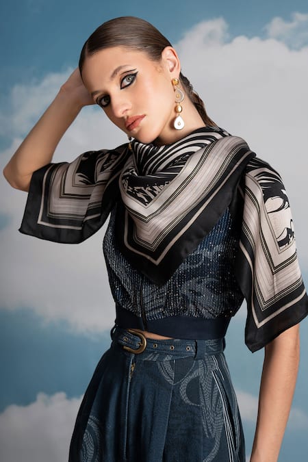 Shop Nikita Mhaisalkar Blue Georgette High Neck Indigo Swirl Printed Sequins Top at Aza Fashions Shop_Nikita Mhaisalkar_Blue Georgette High Neck Indigo Swirl Printed Sequins Top _at_Aza_Fashions