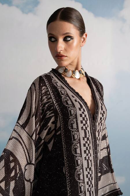 Nikita Mhaisalkar Brown Georgette Sequins V-neck Chocolate Swirl Print Front Open Kaftan Online at Aza Fashions Nikita Mhaisalkar_Brown Georgette Sequins V-neck Chocolate Swirl Print Front Open Kaftan _Online_at_Aza_Fashions