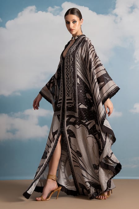 Buy Nikita Mhaisalkar Brown Georgette Sequins V-neck Chocolate Swirl Print Front Open Kaftan Online at Aza Fashions Buy_Nikita Mhaisalkar_Brown Georgette Sequins V-neck Chocolate Swirl Print Front Open Kaftan _Online_at_Aza_Fashions