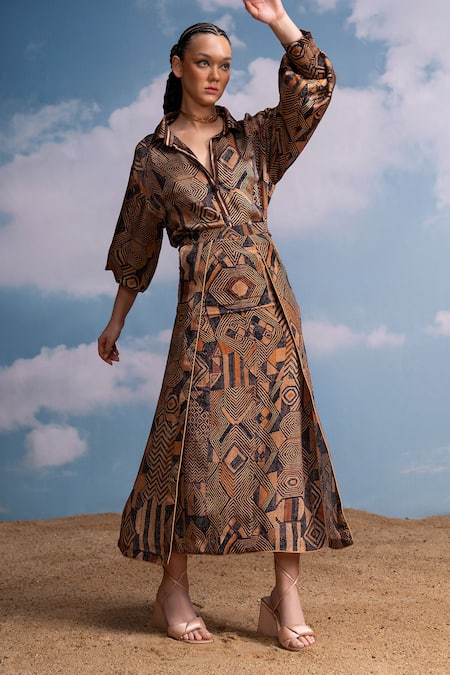 Buy Nikita Mhaisalkar Brown Silk Satin Collared Geometric Print Shirt Online at Aza Fashions Buy_Nikita Mhaisalkar_Brown Silk Satin Collared Geometric Print Shirt _Online_at_Aza_Fashions