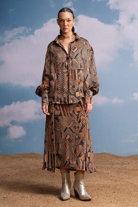 Shop Nikita Mhaisalkar Brown Silk Satin Collared Geometric Print Shirt Online at Aza Fashions Shop_Nikita Mhaisalkar_Brown Silk Satin Collared Geometric Print Shirt _Online_at_Aza_Fashions