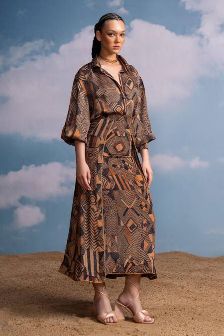 Nikita Mhaisalkar Brown Silk, Crepe Geometric Print Wrap Skirt Online at Aza Fashions Nikita Mhaisalkar_Brown Silk, Crepe Geometric Print Wrap Skirt _Online_at_Aza_Fashions