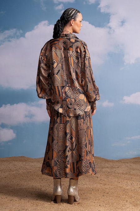 Shop Nikita Mhaisalkar Brown Silk, Crepe Geometric Print Wrap Skirt at Aza Fashions Shop_Nikita Mhaisalkar_Brown Silk, Crepe Geometric Print Wrap Skirt _at_Aza_Fashions