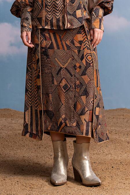 Buy Nikita Mhaisalkar Brown Silk, Crepe Geometric Print Wrap Skirt Online at Aza Fashions Buy_Nikita Mhaisalkar_Brown Silk, Crepe Geometric Print Wrap Skirt _Online_at_Aza_Fashions