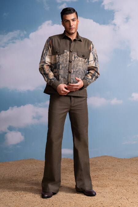 Nikita Mhaisalkar_Brown Hemp Python Print Jacket _Online_at_Aza_Fashions