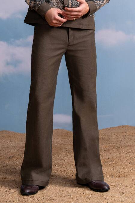 Nikita Mhaisalkar_Brown Hemp, Denim Python Print Casual Trouser _Online_at_Aza_Fashions