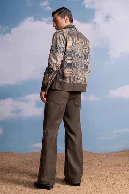 Shop_Nikita Mhaisalkar_Brown Hemp, Denim Python Print Casual Trouser _at_Aza_Fashions
