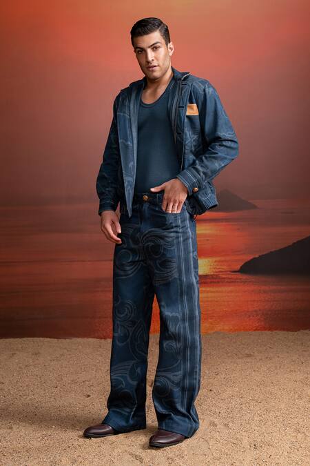 Nikita Mhaisalkar_Blue Hemp, Denim, Faux Leather Indigo Printed Jacket _Online_at_Aza_Fashions