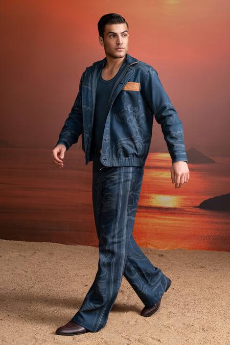 Buy_Nikita Mhaisalkar_Blue Hemp, Denim, Faux Leather Indigo Printed Jacket _Online_at_Aza_Fashions