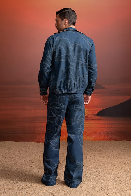 Shop_Nikita Mhaisalkar_Blue Hemp, Denim, Faux Leather Indigo Printed Jacket _at_Aza_Fashions