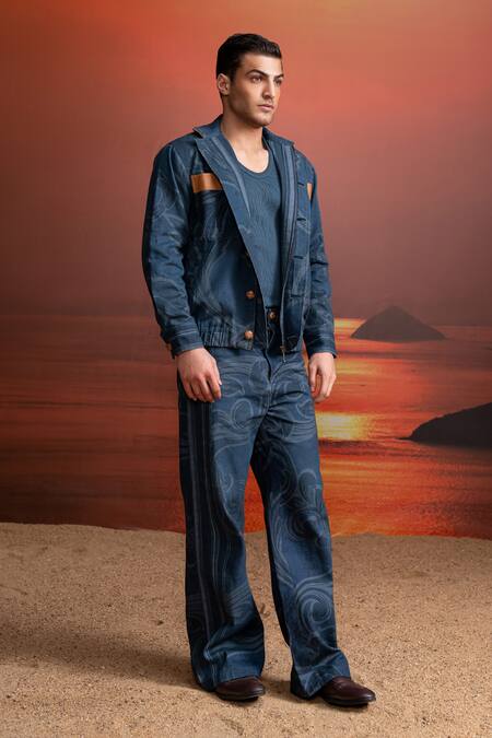 Shop_Nikita Mhaisalkar_Blue Hemp, Denim, Faux Leather Indigo Printed Jacket _Online_at_Aza_Fashions
