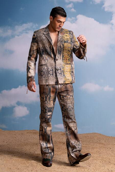 Nikita Mhaisalkar_Multi Color Hemp Embroidery Python Print Pantsuit With _Online_at_Aza_Fashions