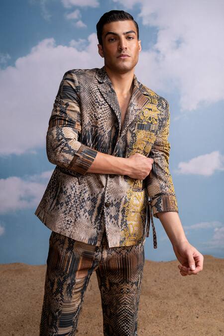 Buy_Nikita Mhaisalkar_Multi Color Hemp Embroidery Python Print Pantsuit With _Online_at_Aza_Fashions