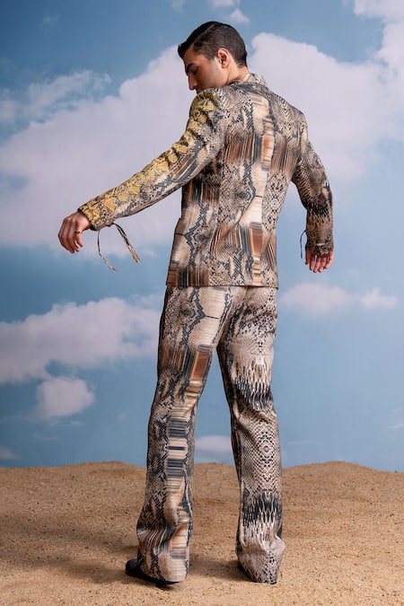 Shop_Nikita Mhaisalkar_Multi Color Hemp Embroidery Python Print Pantsuit With _at_Aza_Fashions